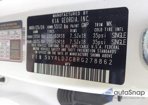 2024 Kia Sorento S z USA, uszkodzony, nr VIN 5XYRLDJC8RG278862